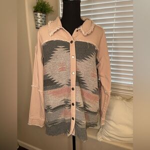 Mystree Aztec Southwestern Raw Hem Shacket  Boho Western